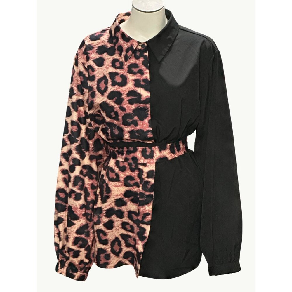 CCC Half Leopard Half Black Block Mini Shirt Dress Size 3XL Sexy Sheer Chic 3XL